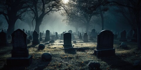 A moonlit cemetery with weathered tombstones