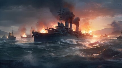 A naval battle scene from World War II