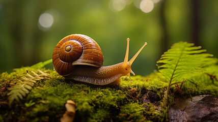 Macro photo of snail on mossy wood in rainy forest - obrazy, fototapety, plakaty