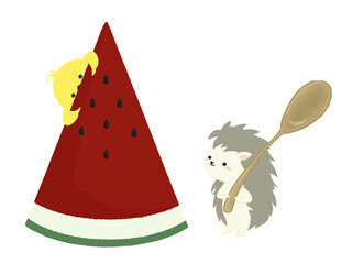 スイカを食べようとする動物のイラスト © rinm
