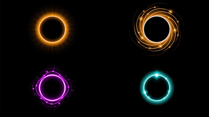 Naklejka premium Set Sun Eclipse Solar Collection Color Fire Dark Background Vector Moon Design Style Space Science Glow Light