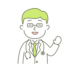 doctor, man, medical care, hospital, simple, simple substance, human, illustration, vector, smile, raising hand, visit, guidance