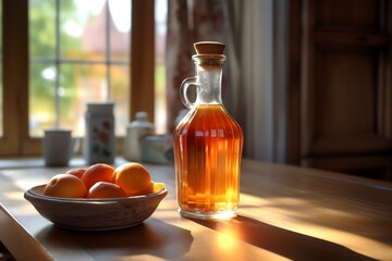 A carafe of homemade apricot nectar on a kitchen wallpaper
