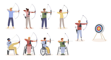 archery, people shooting at targets. male and female characters shooting target, disabled people shooting doing archery.