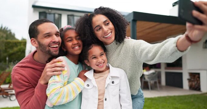 Children, family and selfie outdoor with a smile, love and care in home backyard. Young latino woman and man or parents hug happy girl kids for a profile picture or social media post on holiday