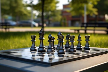 A chess set on a park table with an empty park wallpaper