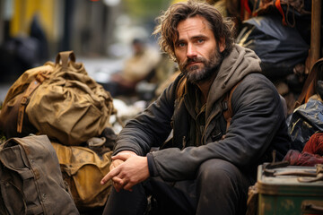 Fototapeta premium Homeless man sitting on the street with pile of junk, unhappy begging for help and money. Problems of big modern cities.