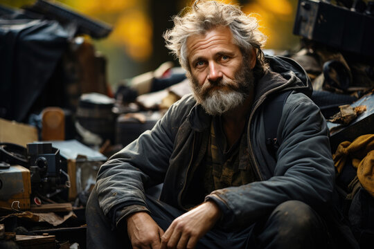 Homeless man 60s years old sitting on the street with pile of junk, unhappy begging for help and money. Problems of big modern cities.