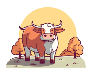 Cute cartoon cow grazing on a meadow