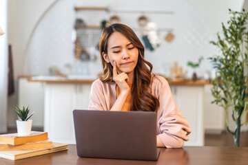 Portrait of asian woman use laptop work digital online marketing internet advertising and sales business technology concept, online marketing, E-business, Ecommerce, Business online at home