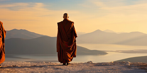 Buddhist monk standing in a beautiful valley - obrazy, fototapety, plakaty