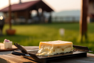 A close-up of a raclette cheese melting