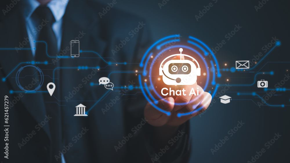 Poster innovative chat bot ai conversation artificial intelligence on virtual screen. futuristic digital an
