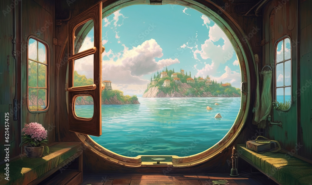 Poster a window with a view of a lake and a castle. generative ai