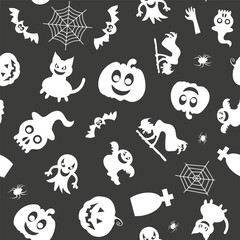 Seamless vector pattern for Halloween design. Halloween symbols: pumpkin, spider, ghost, bat in cartoon style. Vector Illustration