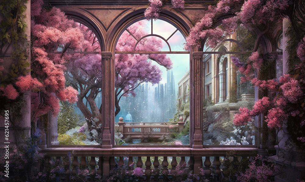 Poster a painting of a window with a view of a park. generative ai