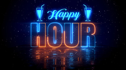 Festive Blue Orange Glowing Neon Light Happy Hour Lettering With Floor Reflection Amid The Falling Snow On Dark Background