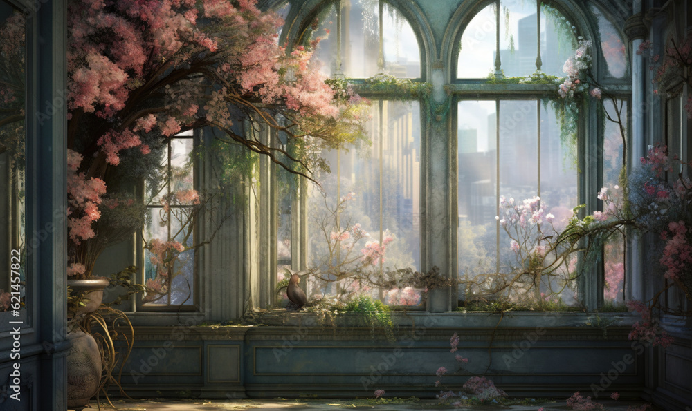 Poster a painting of a window with a view of a garden. generative ai
