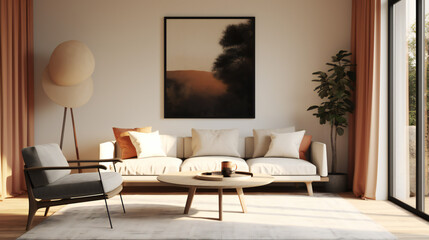 Stylish Living Room Interior with an Abstract Frame Poster, Modern Interior Design, 3D Render, 3D Illustration