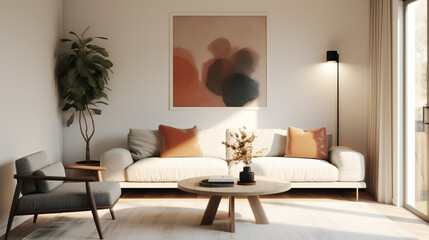 Fototapeta na wymiar Stylish Living Room Interior with an Abstract Frame Poster, Modern Interior Design, 3D Render, 3D Illustration