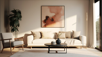 Stylish Living Room Interior with an Abstract Frame Poster, Modern Interior Design, 3D Render, 3D Illustration