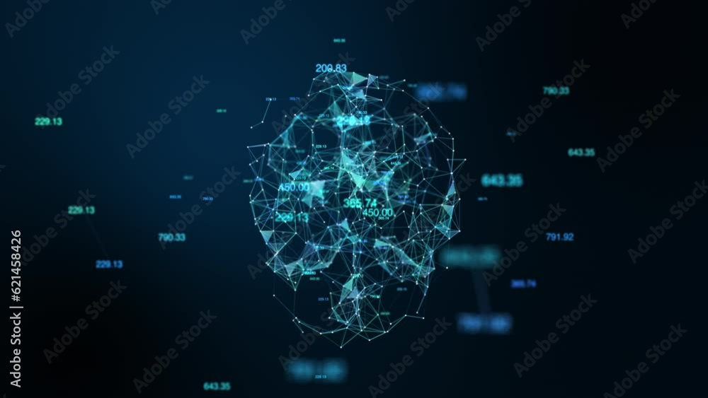 Aufkleber digital brain and number running, plexus dot and line animation. 60 fps 3d rendering