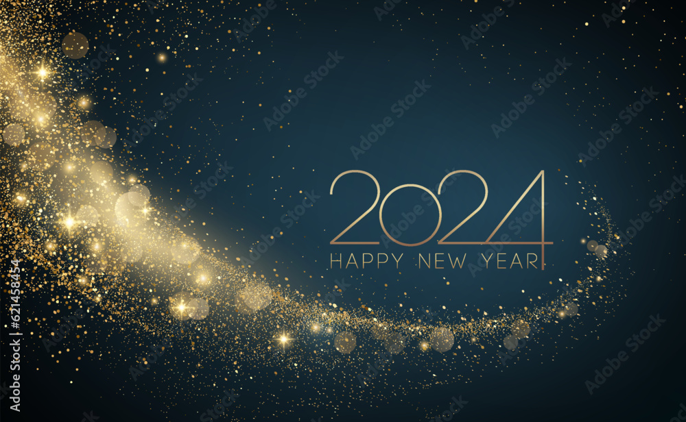 Poster 2024 New Year Abstract shiny color gold wave design element