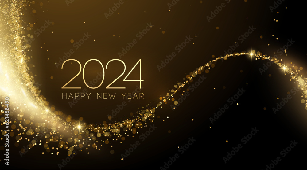 Poster 2024 New Year Abstract shiny color gold wave design element
