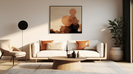 Stylish Living Room Interior with an Abstract Frame Poster, Modern Interior Design, 3D Render, 3D Illustration