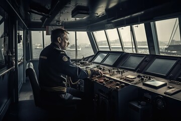Navigation officer driving ship on the river