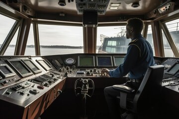 Fototapeta premium Navigation officer driving ship on the river