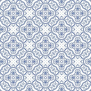 Decorative color ceramic azulejo tiles Vector seamless pattern watercolor Modern design Blue folk ethnic ornament for print web background surface texture towels pillows wallpaper