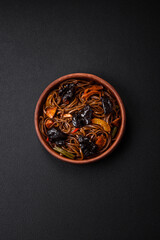 Delicious fresh buckwheat noodles or udon with mushrooms, peppers and other vegetables