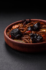 Delicious fresh buckwheat noodles or udon with mushrooms, peppers and other vegetables