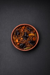 Delicious fresh buckwheat noodles or udon with mushrooms, peppers and other vegetables