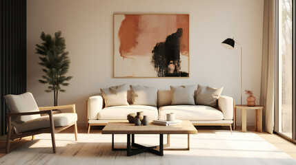 Stylish Living Room Interior with an Abstract Frame Poster, Modern Interior Design, 3D Render, 3D Illustration