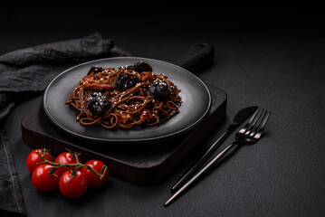 Delicious fresh buckwheat noodles or udon with mushrooms, peppers and other vegetables