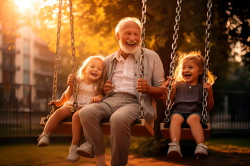 old man laughing with his grandchildren on a swing in the park. - obrazy, fototapety, plakaty