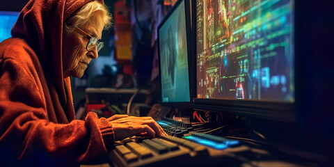 old woman using a computer to communicate with her distant relatives and friends.