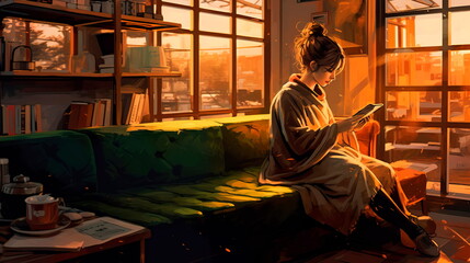 young woman reading a book in a cozy coffee shop with large windows.