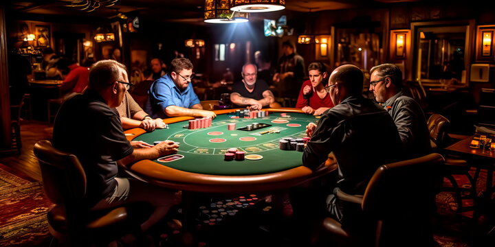 poker table with cards, chips and players dealing their cards.