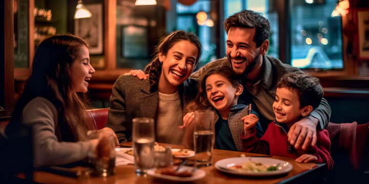 family laughing and hugging while having dinner together.