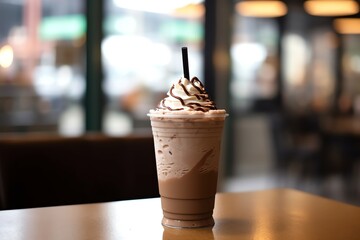 A decadent chocolate frappuccino in a to-go cup