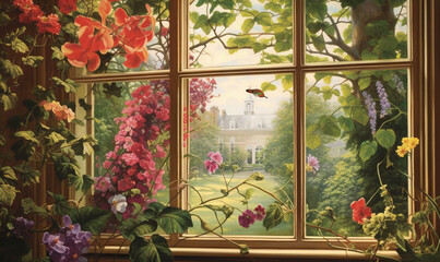 Fototapeta na wymiar a painting of a window with a view of a garden. generative ai