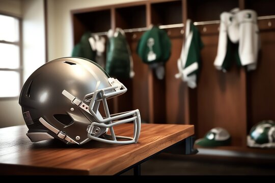 A football helmet on a locker room bench wallpaper © busra