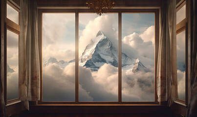  a window view of a mountain with clouds and a chandelier.  generative ai