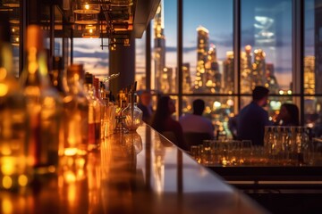 An urban rooftop bar with customers - obrazy, fototapety, plakaty
