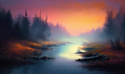 Fototapeta na wymiar a painting of a river at sunset with trees in the background. generative ai