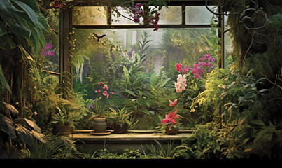  a window in a room filled with lots of plants and flowers.  generative ai
