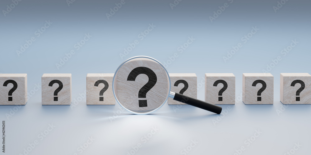 Poster cubes with question marks and magnifying glass analyzing question. question mark symbol on blue back